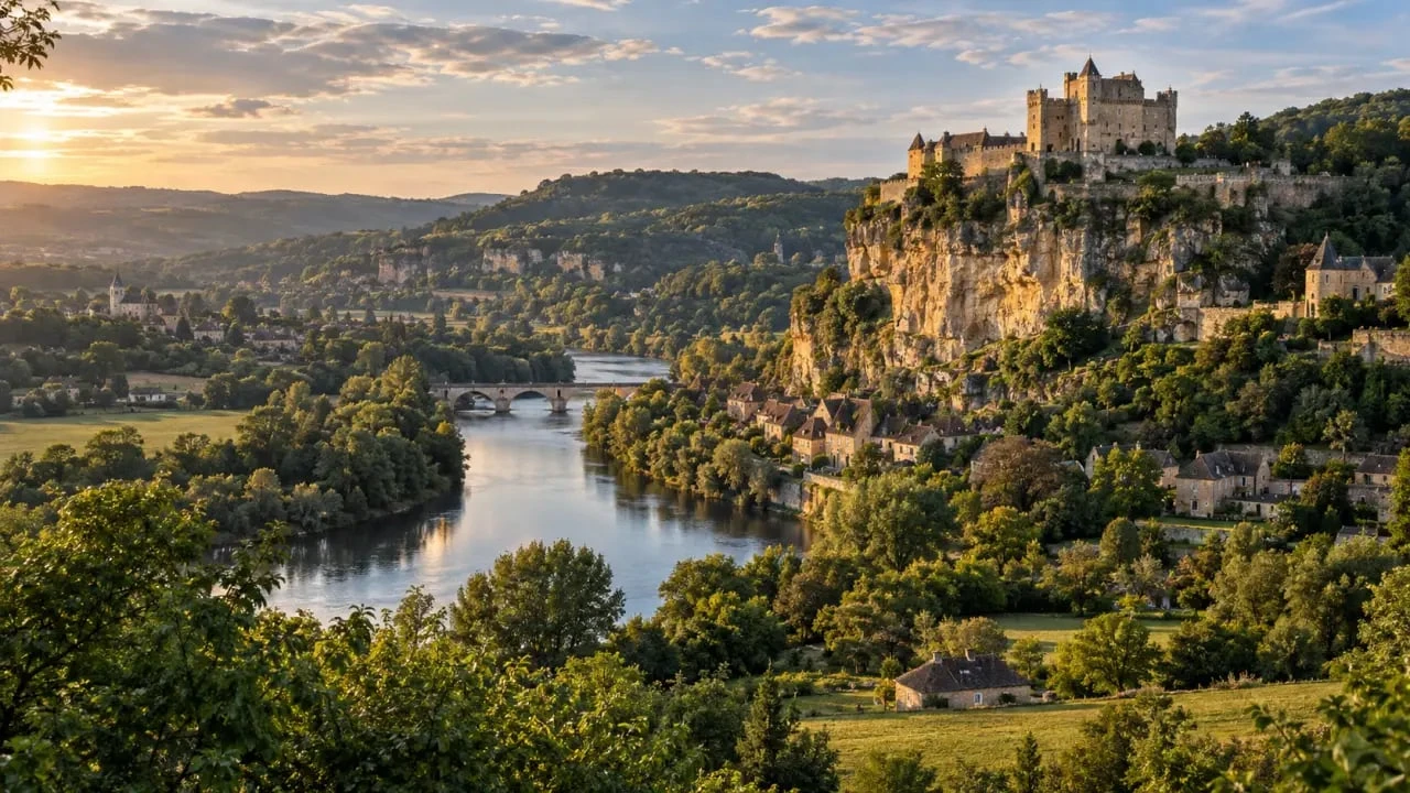 Château de Dordogne : panorama de la vallée depuis Beynac au bord de la rivière