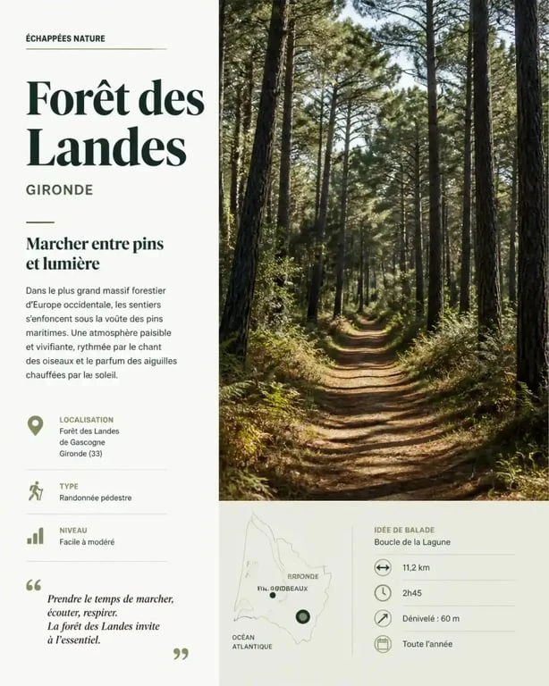 Randonnée en Gironde : sentier pédestre dans la forêt de pins des Landes.