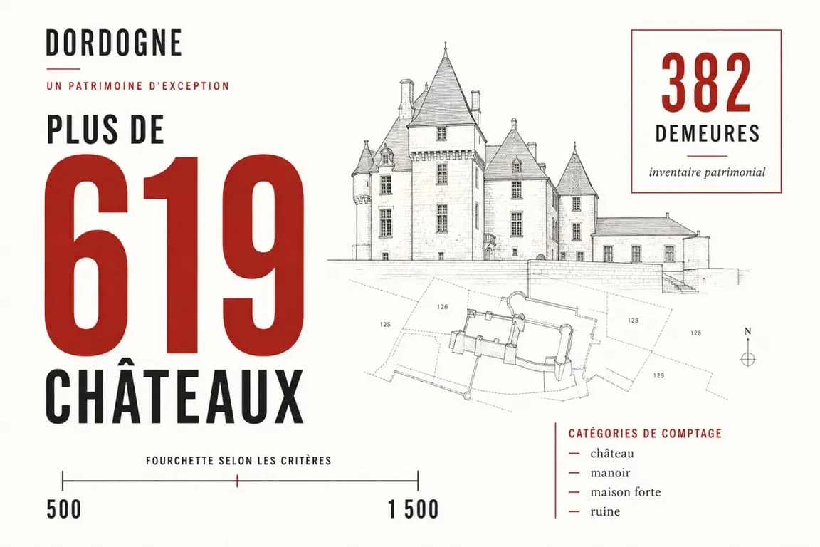 Combien de châteaux en Dordogne : visualisation des chiffres 619, 382 et de la fourchette selon les critères