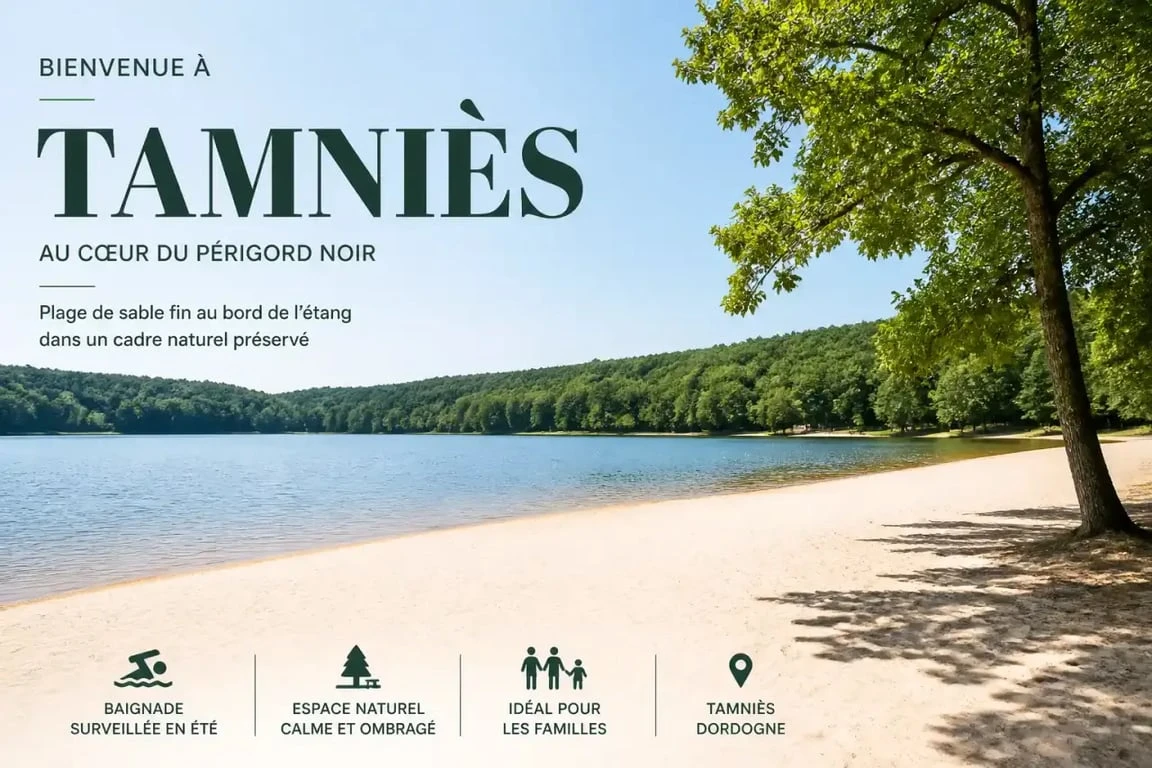 Plage de sable fin au bord de l'étang de Tamniès pour se baigner en Dordogne près de Sarlat
