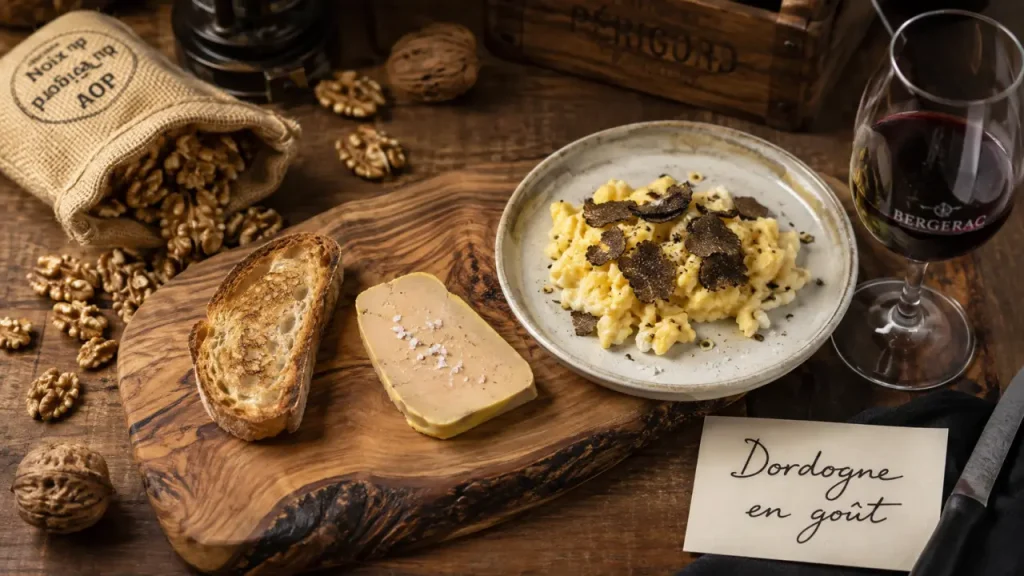 Gastronomie dordogne : truffe d’hiver et noix AOP sur un marché du Périgord