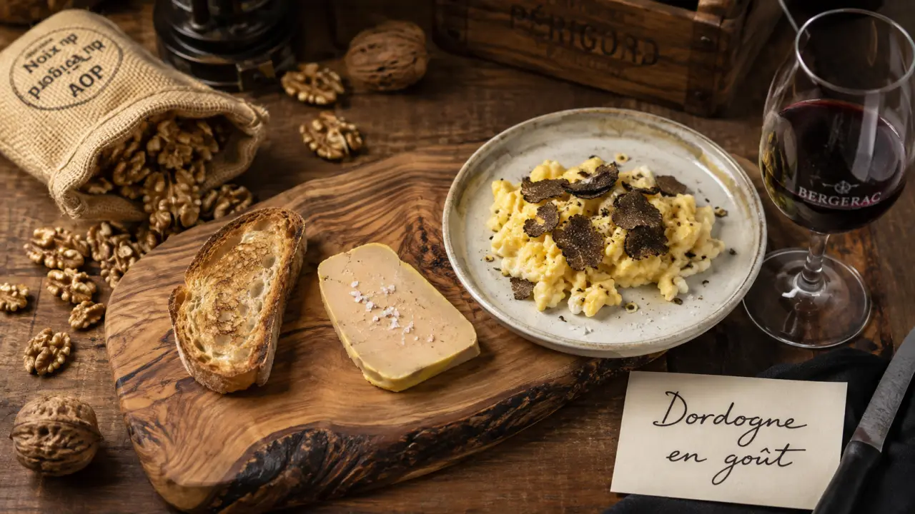 Gastronomie dordogne : truffe d’hiver et noix AOP sur un marché du Périgord