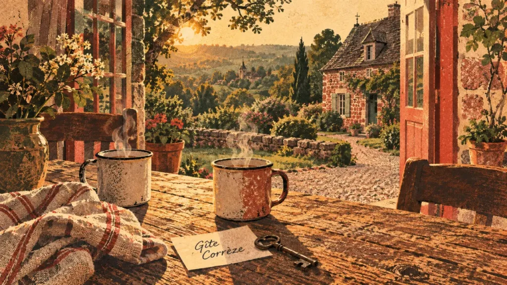Gîtes corrèze : terrasse d’un gîte en pierre, jardin vallonné