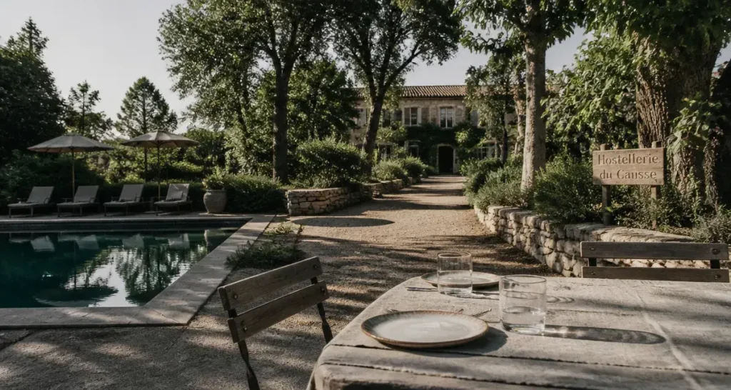 Vue jardin et piscine de l’Hostellerie du Causse à Gramat