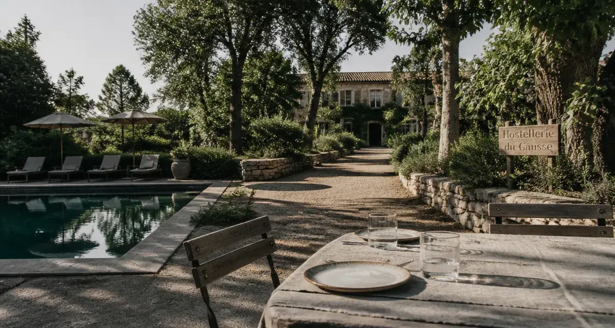 Vue jardin et piscine de l’Hostellerie du Causse à Gramat