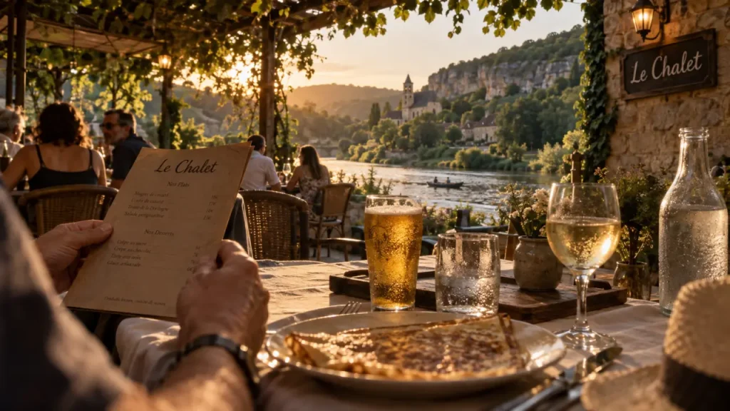 Le chalet vitrac à Vitrac, vue Dordogne au golden hour depuis la terrasse