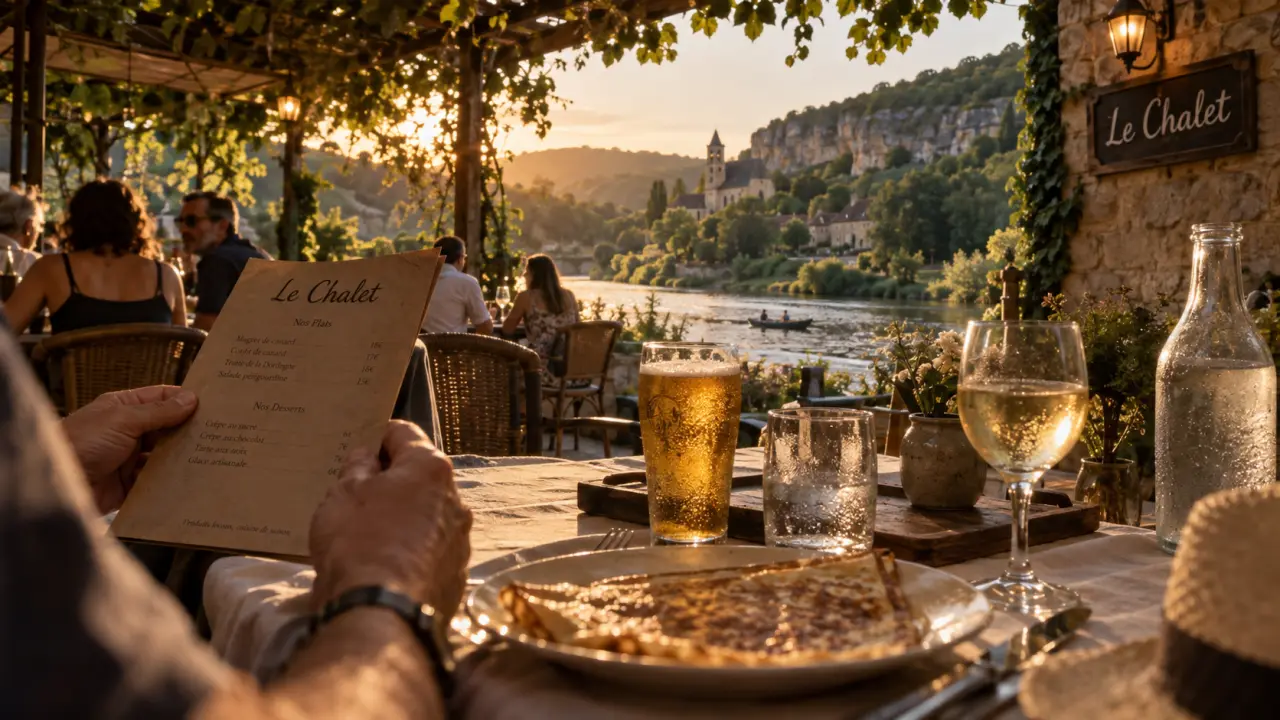 Le chalet vitrac à Vitrac, vue Dordogne au golden hour depuis la terrasse