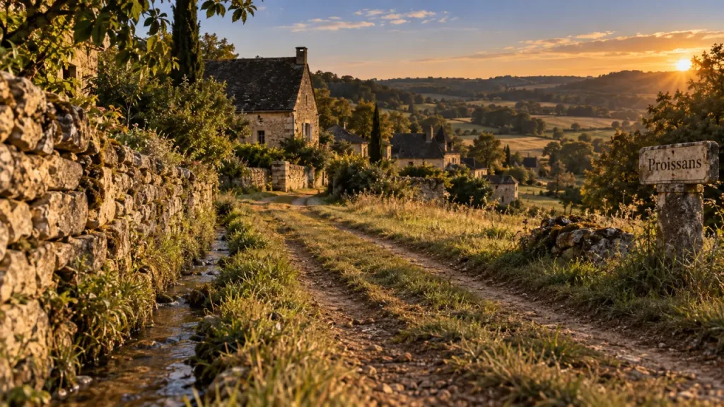 Proissans dordogne, chemin rural et maisons en pierre