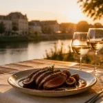 Restaurant Bergerac bord de Dordogne, vue sur la Dordogne au coucher du soleil
