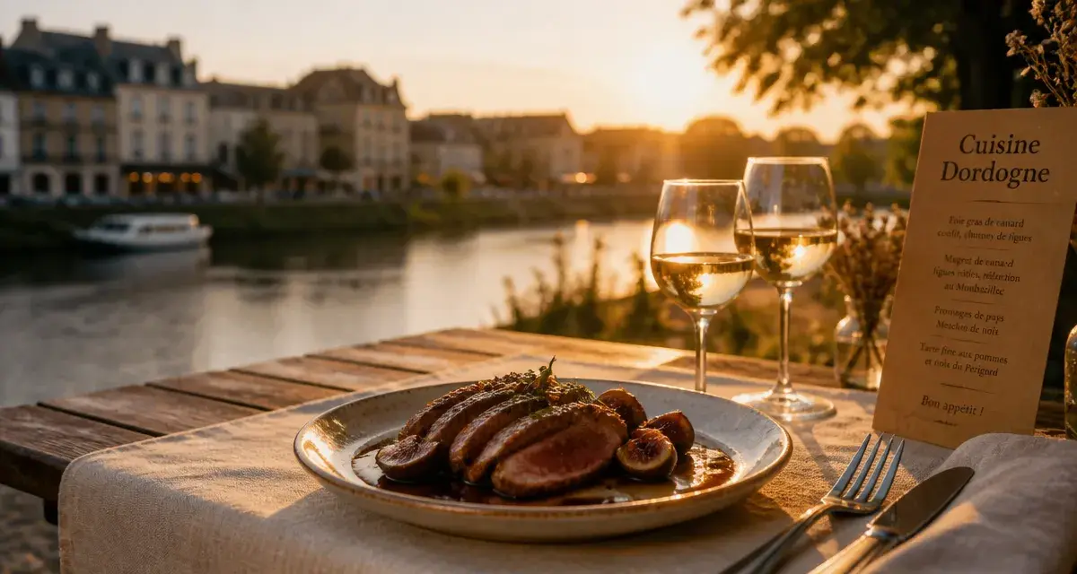 Restaurant Bergerac bord de Dordogne, vue sur la Dordogne au coucher du soleil