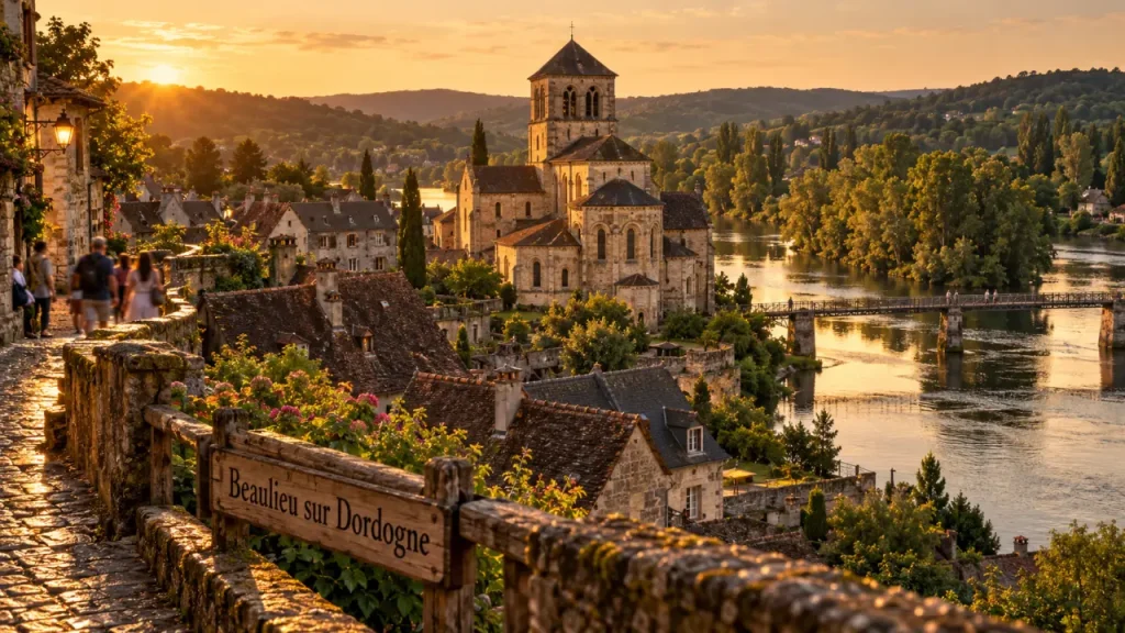 Tourisme autour de Beaulieu-sur-Dordogne : quai au bord de la Dordogne vers l’abbatiale Saint-Pierre
