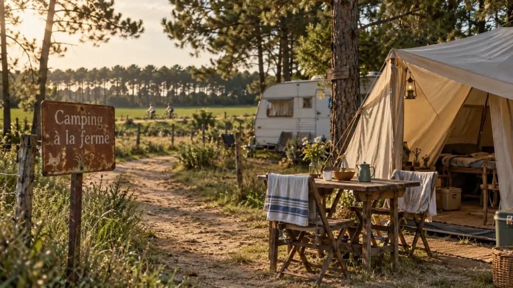Camping ferme landes : tente beige sur emplacement au calme rural, prairie verte