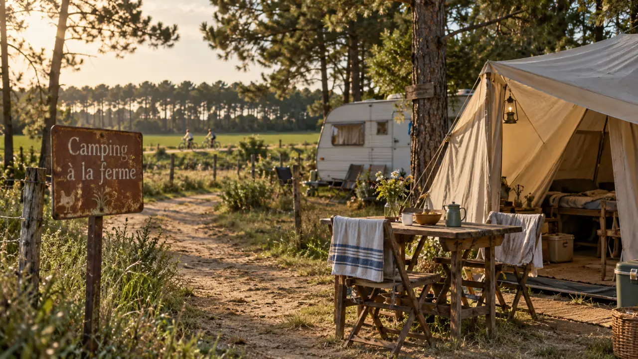 Camping ferme landes : tente beige sur emplacement au calme rural, prairie verte