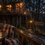 Hébergement insolite Corrèze : cabane en bois perchée au crépuscule