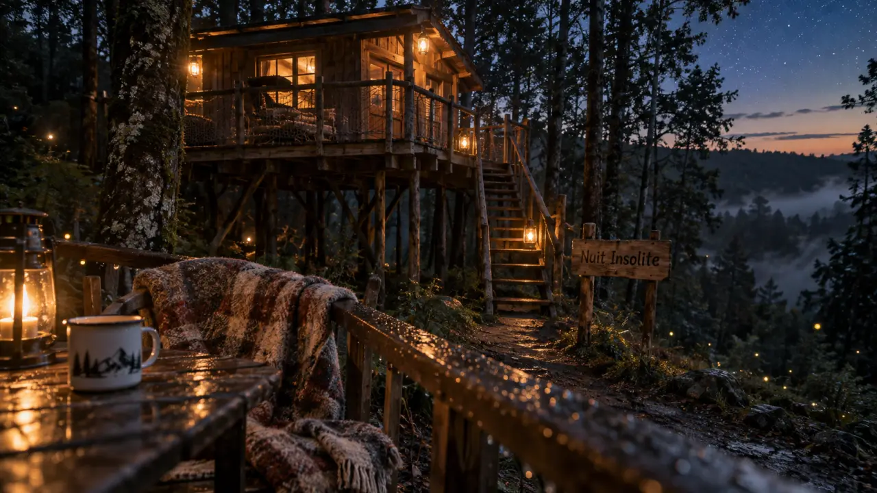 Hébergement insolite Corrèze : cabane en bois perchée au crépuscule