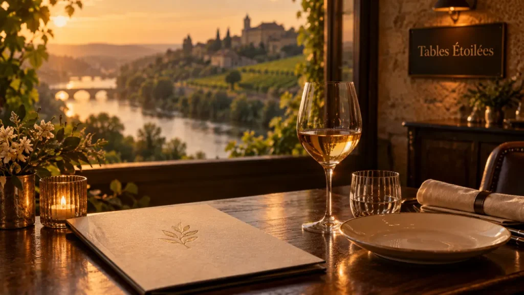 Restaurant étoilé périgord : table gastronomique vue Dordogne et vignes