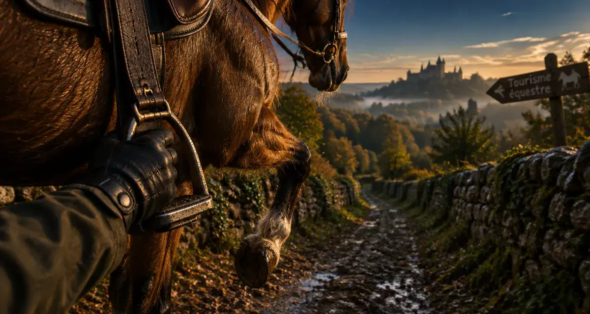 Tourisme equestre dordogne : main ajuste l’étrier sur chemin