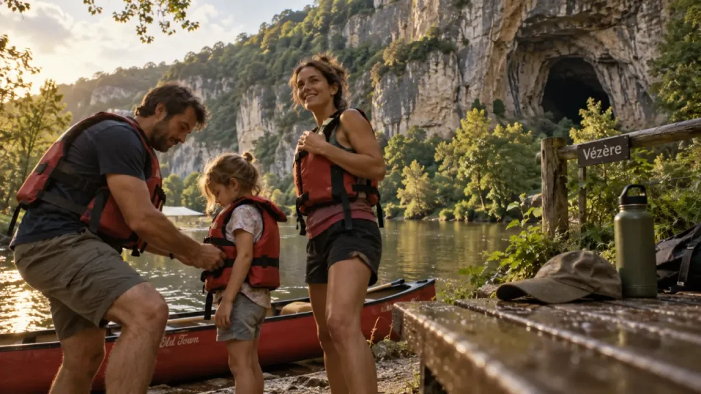 Vacances famille dordogne : petite famille en gilets près d’un canoë sur la Vézère